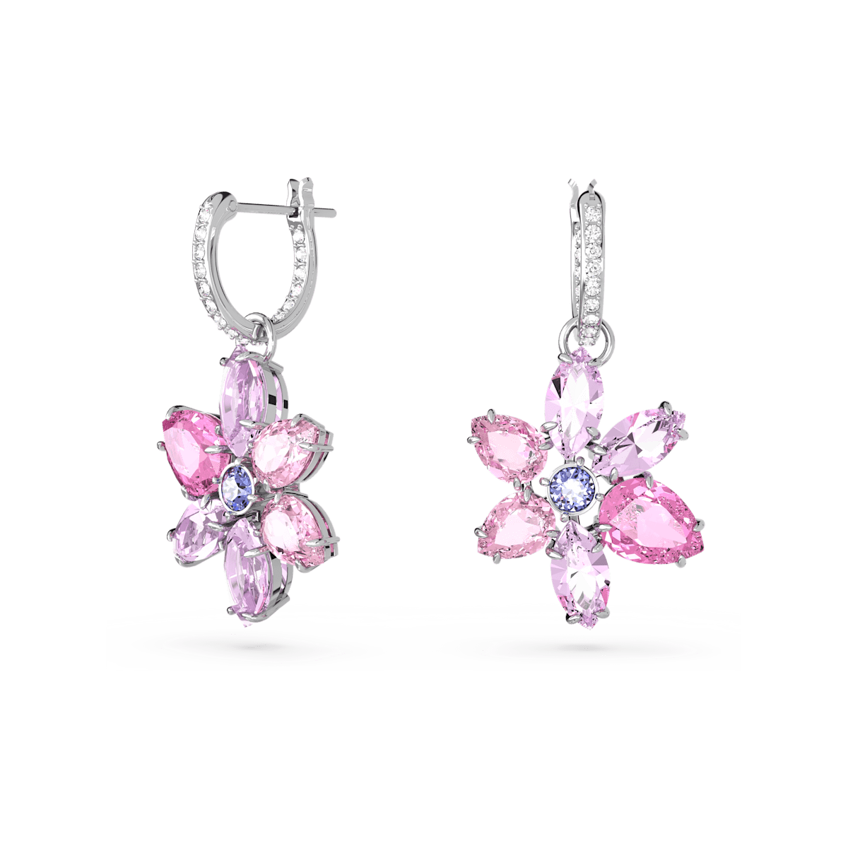 Gema drop earrings, Mixed cuts, Flower, Pink, Rhodium plated