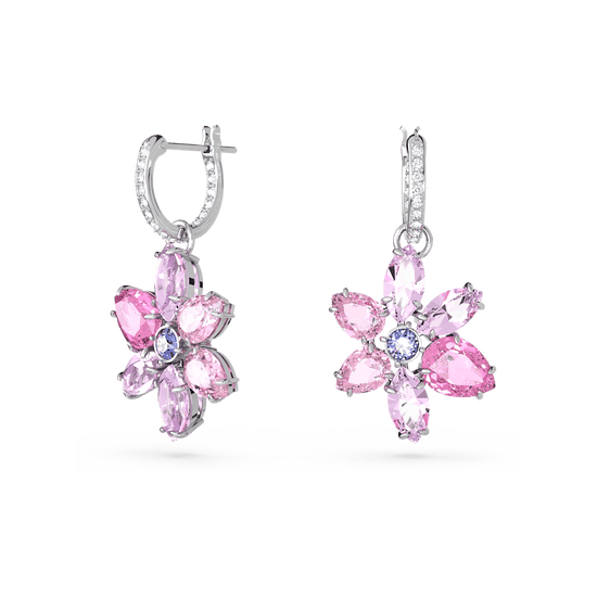 Gema drop earrings, Mixed cuts, Flower, Pink, Rhodium plated