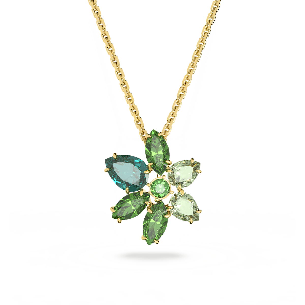 Gema pendant, Mixed cuts, Flower, Green, Gold-tone plated