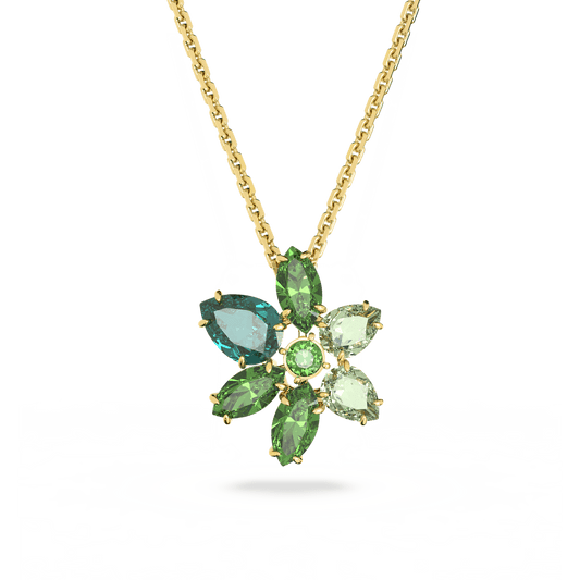 Gema pendant, Mixed cuts, Flower, Green, Gold-tone plated