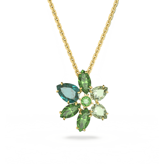 Gema pendant, Mixed cuts, Flower, Green, Gold-tone plated