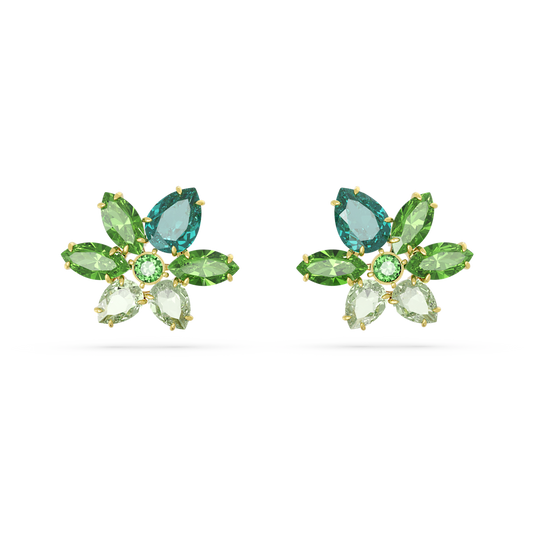 Gema stud earrings, Mixed cuts, Flower, Green, Gold-tone plated