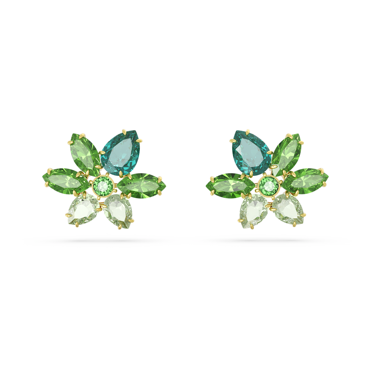 Gema stud earrings, Mixed cuts, Flower, Green, Gold-tone plated