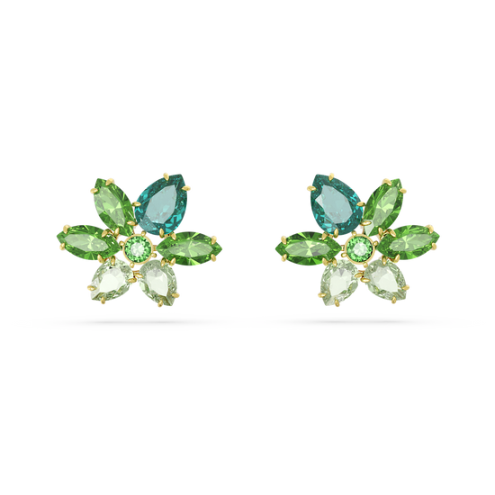 Gema stud earrings, Mixed cuts, Flower, Green, Gold-tone plated