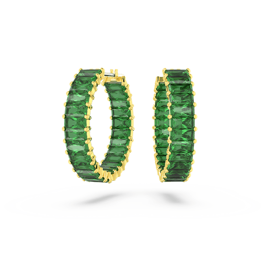 Matrix hoop earrings, Baguette cut, Green, Gold-tone plated