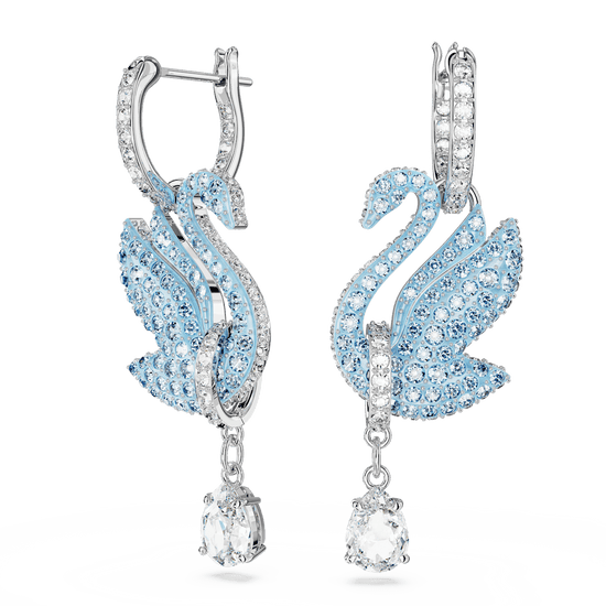 Swarovski Iconic Swan drop earrings, Swan, Blue, Rhodium plated