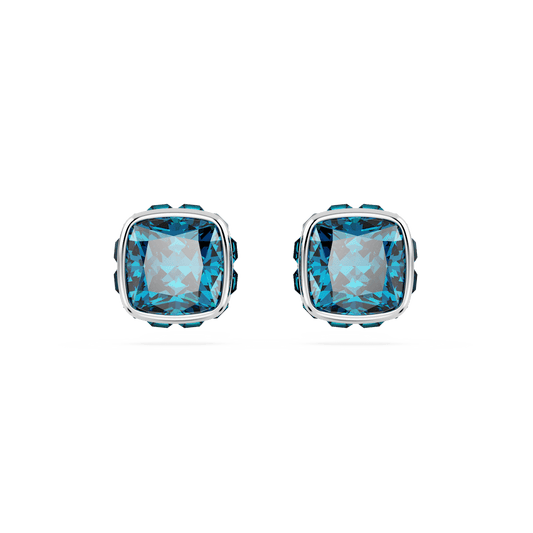 Birthstone stud earrings, Square cut, December, Blue, Rhodium plated