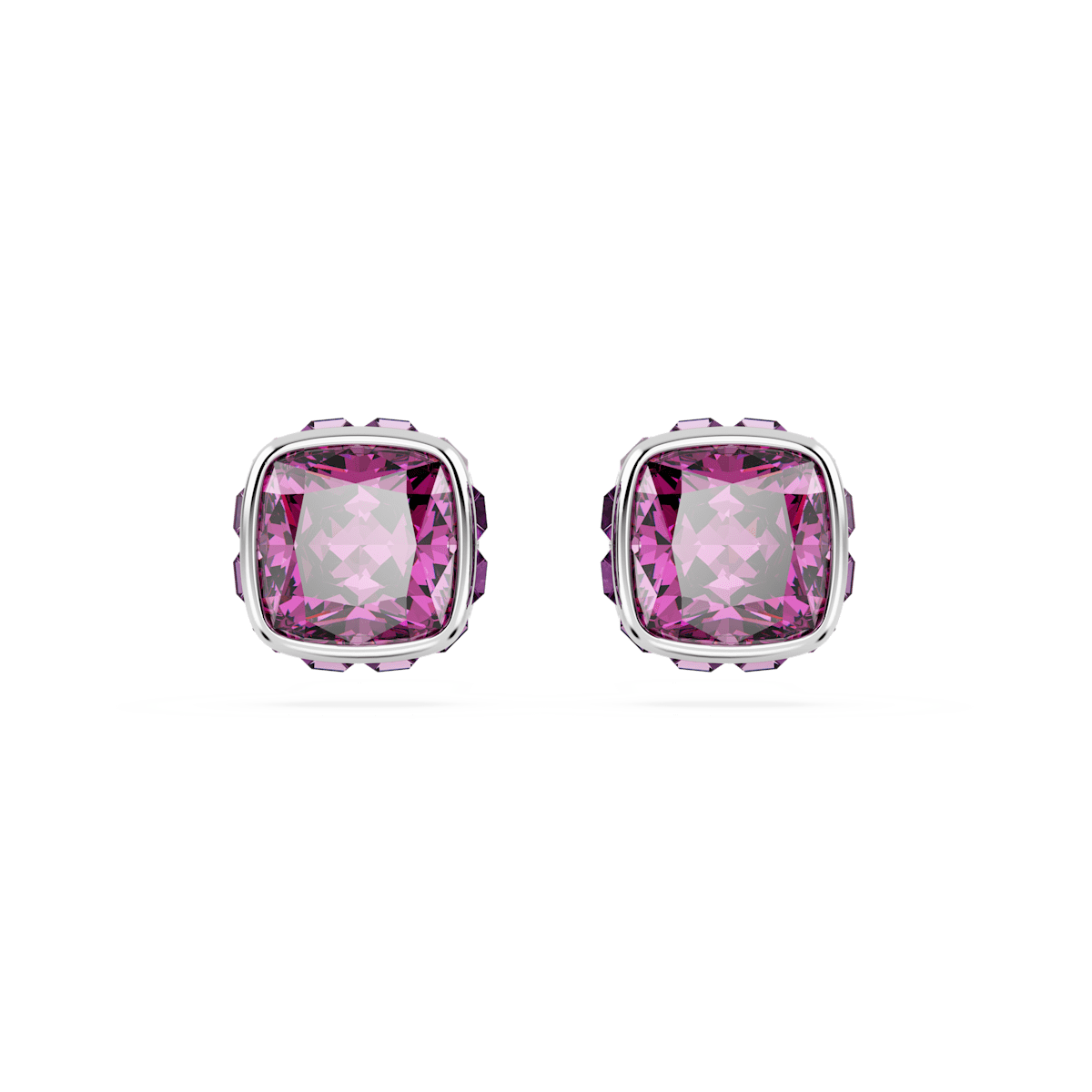 Birthstone stud earrings, Square cut, February, Pink, Rhodium plated