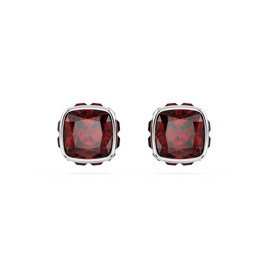 Birthstone stud earrings, Square cut, January, Red, Rhodium plated