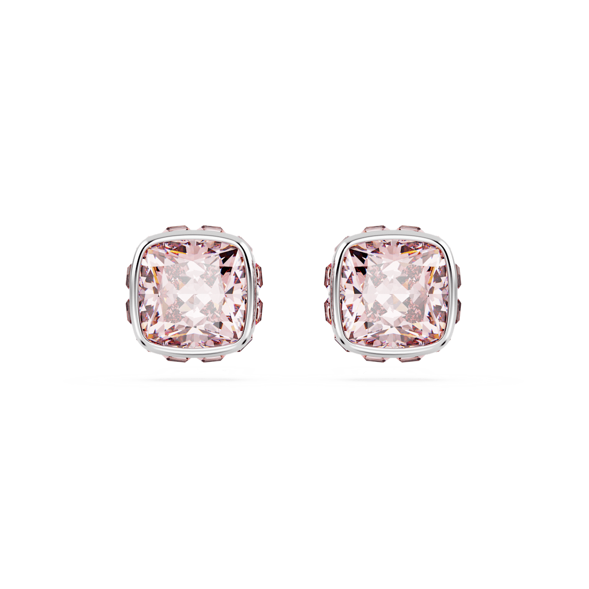 Birthstone stud earrings, Square cut, June, Pink, Rhodium plated