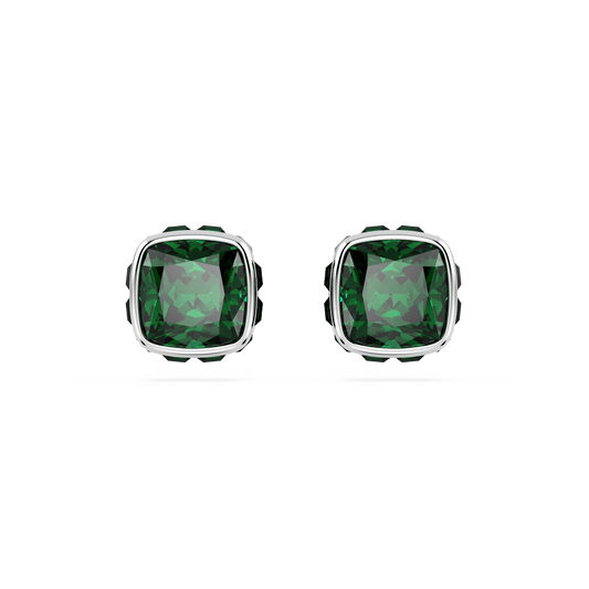 Birthstone stud earrings, Square cut, May, Green, Rhodium plated