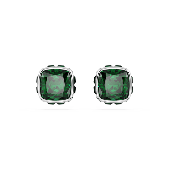 Birthstone stud earrings, Square cut, May, Green, Rhodium plated