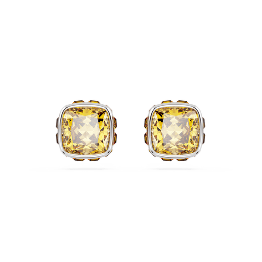 Birthstone stud earrings, Square cut, November, Yellow, Rhodium plated