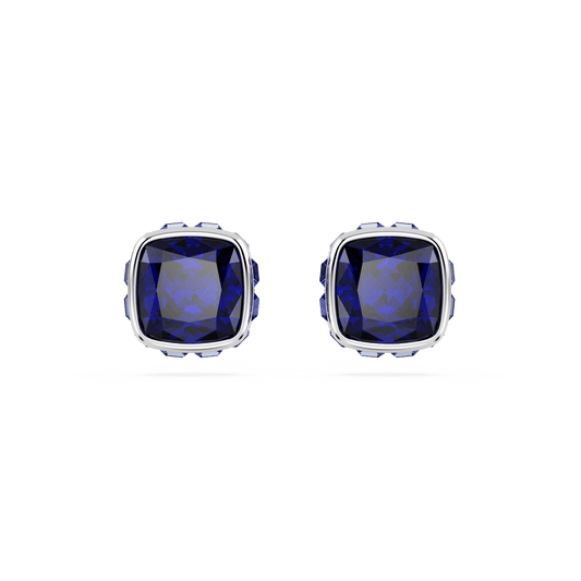 Birthstone stud earrings, Square cut, September, Blue, Rhodium plated