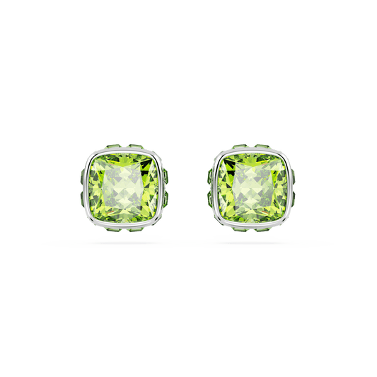 Birthstone stud earrings, Square cut, August, Green, Rhodium plated