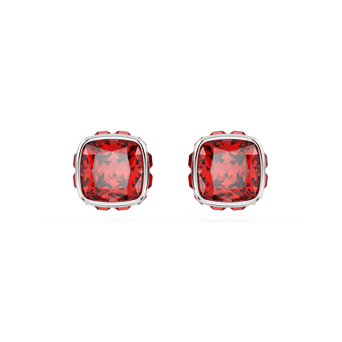 Birthstone stud earrings, Square cut, July, Red, Rhodium plated