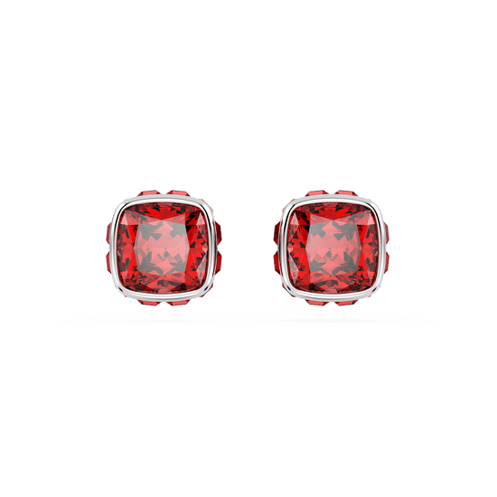 Birthstone stud earrings, Square cut, July, Red, Rhodium plated