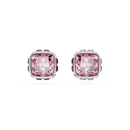 Birthstone stud earrings, Square cut, October, Pink, Rhodium plated