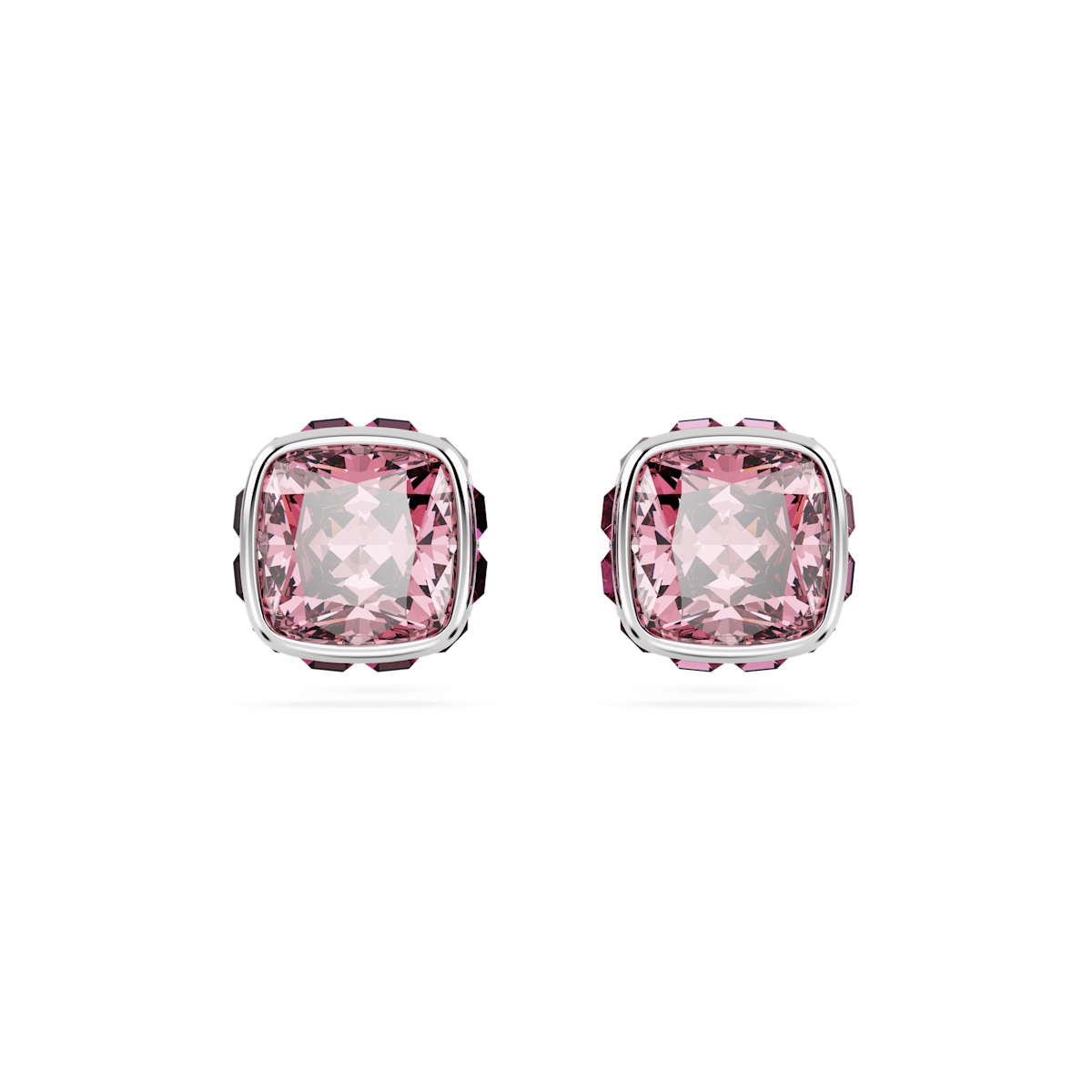 Birthstone stud earrings, Square cut, October, Pink, Rhodium plated