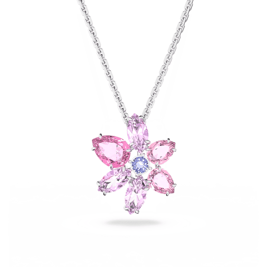 Gema pendant, Mixed cuts, Flower, Pink, Rhodium plated