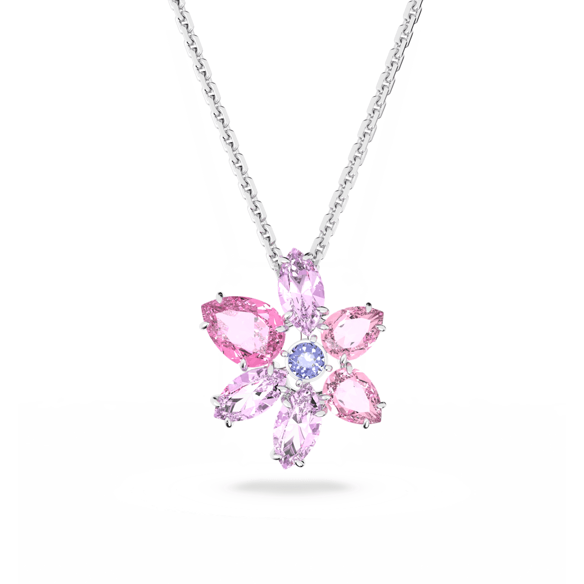 Gema pendant, Mixed cuts, Flower, Pink, Rhodium plated