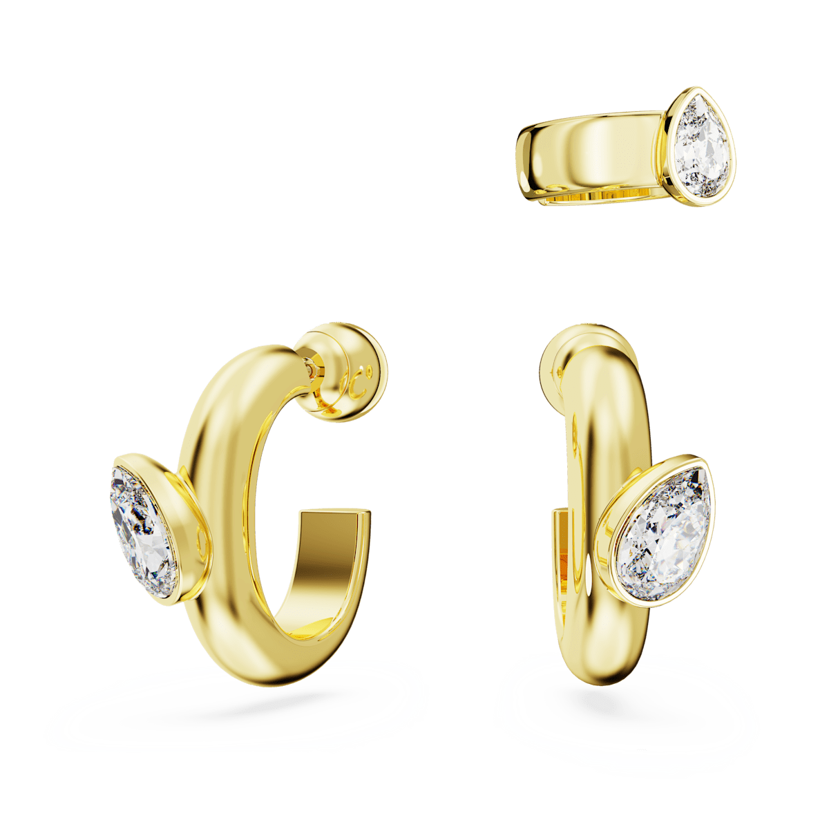 Dextera hoop earrings with ear cuff, Set (3), Pear cut, White, Gold-tone plated