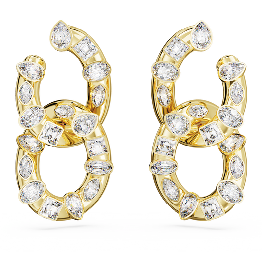 Dextera hoop earrings, Mixed cuts, Interlocking loop, White, Gold-tone plated