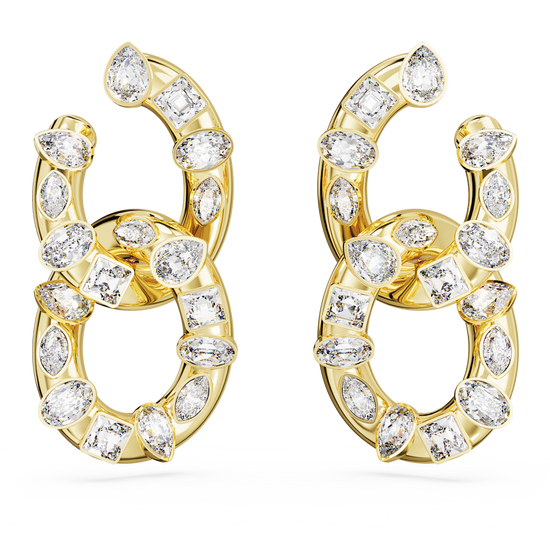 Dextera hoop earrings, Mixed cuts, Interlocking loop, White, Gold-tone plated