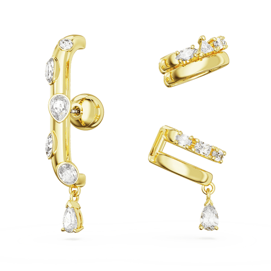 Dextera ear cuff, Set (3), Mixed cuts, White, Gold-tone plated