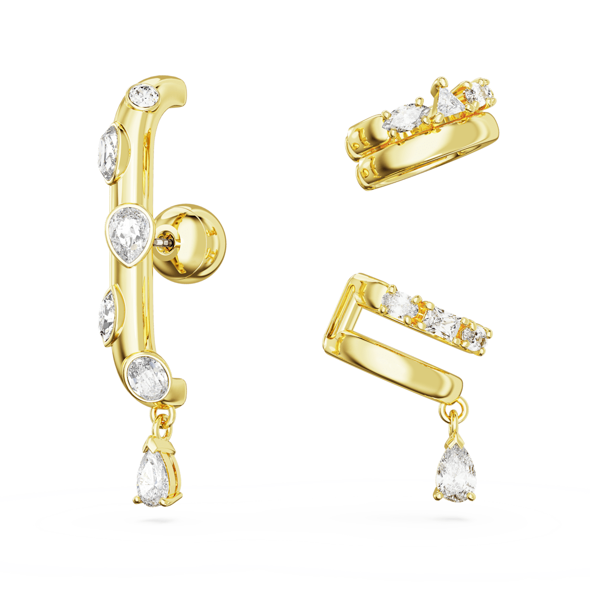 Dextera ear cuff, Set (3), Mixed cuts, White, Gold-tone plated