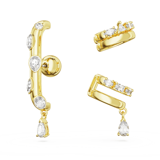 Dextera ear cuff, Set (3), Mixed cuts, White, Gold-tone plated