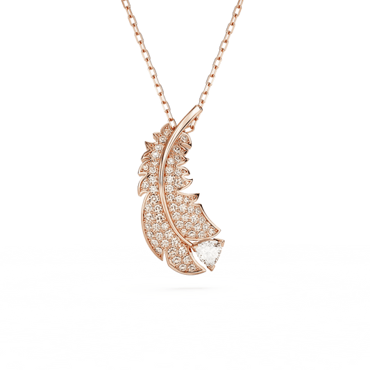 Nice pendant, Feather, White, Rose gold-tone plated