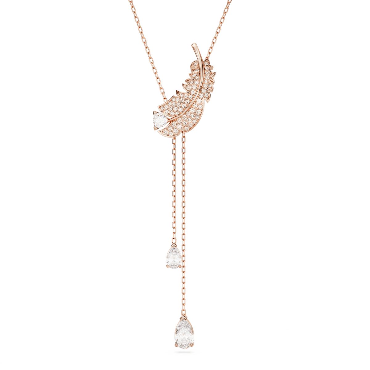 Nice Y pendant, Feather, White, Rose gold-tone plated