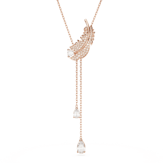 Nice Y pendant, Feather, White, Rose gold-tone plated