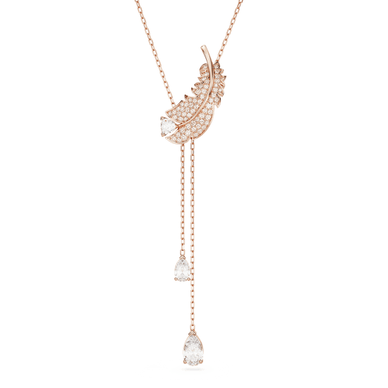 Nice Y pendant, Feather, White, Rose gold-tone plated