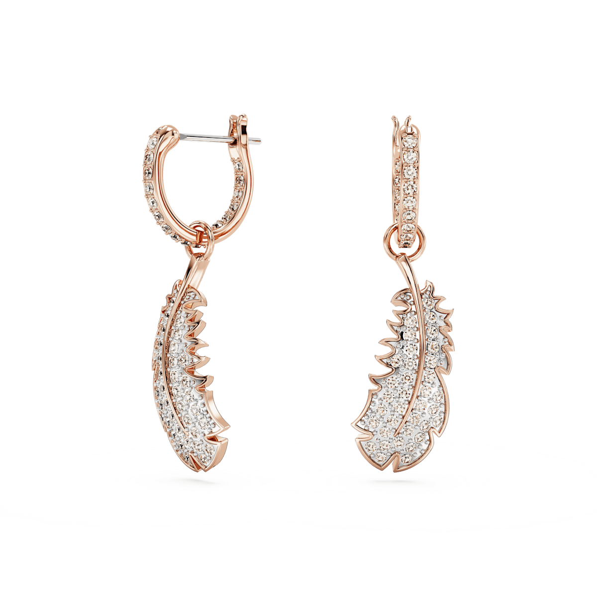 Nice drop earrings, Feather, White, Rose gold-tone plated