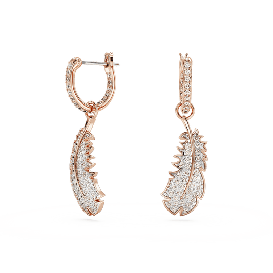 Nice drop earrings, Feather, White, Rose gold-tone plated