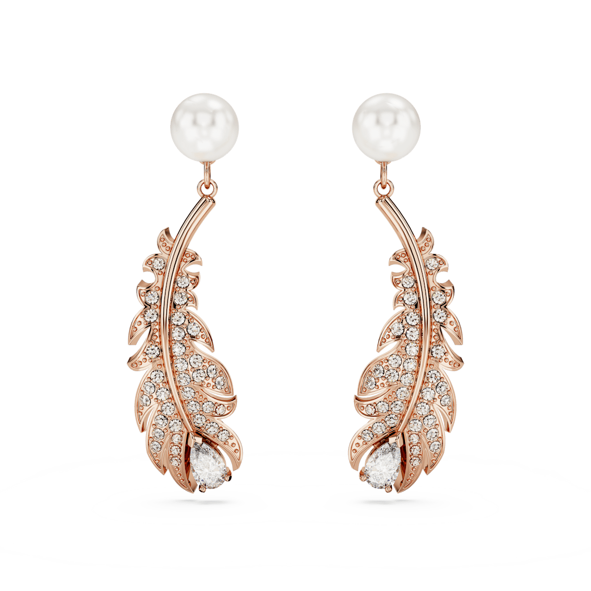 Nice drop earrings, Mixed cuts, Feather, White, Rose gold-tone plated