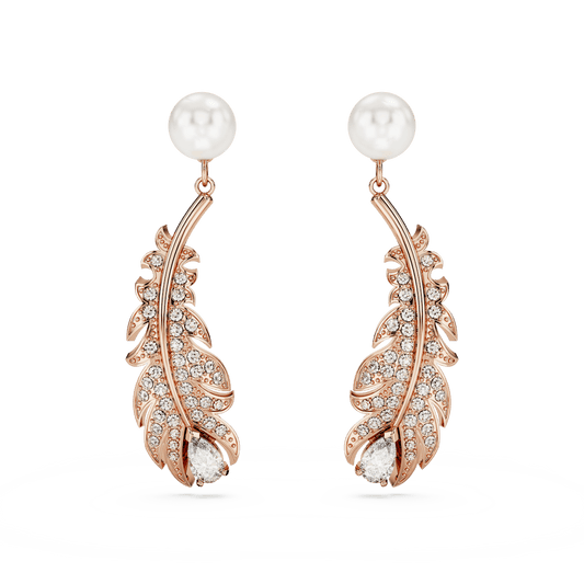 Nice drop earrings, Mixed cuts, Feather, White, Rose gold-tone plated