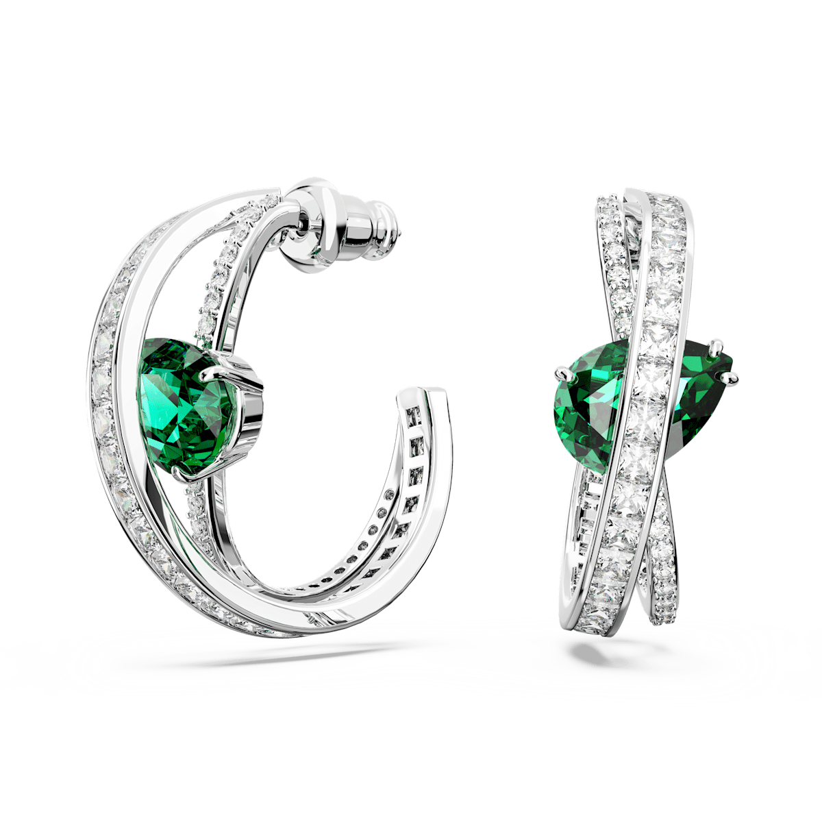 Hyperbola hoop earrings, Carbon neutral zirconia, Mixed cuts, Green, Rhodium plated