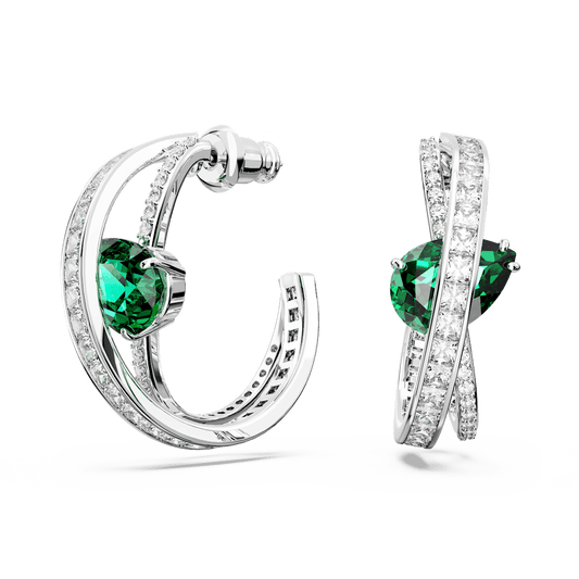 Hyperbola hoop earrings, Carbon neutral zirconia, Mixed cuts, Green, Rhodium plated