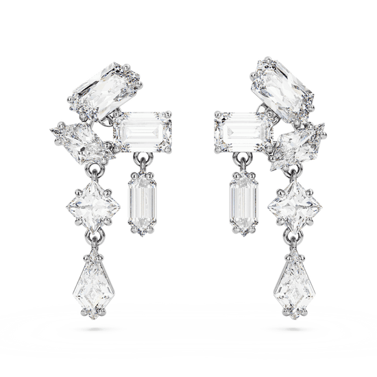 Mesmera drop earrings, Mixed cuts, White, Rhodium plated