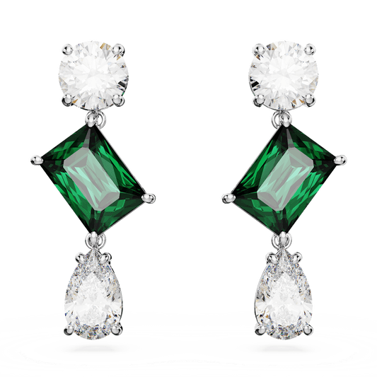 Mesmera drop earrings, Mixed cuts, Green, Rhodium plated