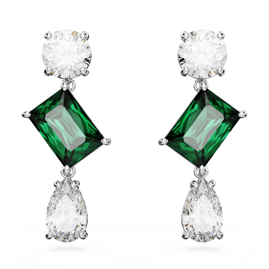 Mesmera drop earrings, Mixed cuts, Green, Rhodium plated