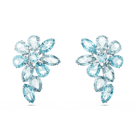 Gema drop earrings, Mixed cuts, Flower, Blue, Rhodium plated