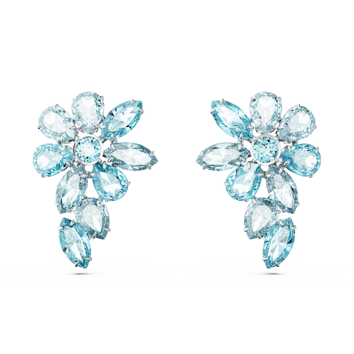 Gema drop earrings, Mixed cuts, Flower, Blue, Rhodium plated