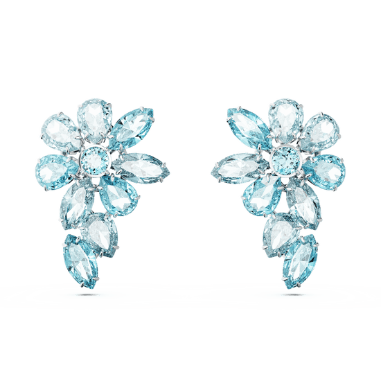 Gema drop earrings, Mixed cuts, Flower, Blue, Rhodium plated