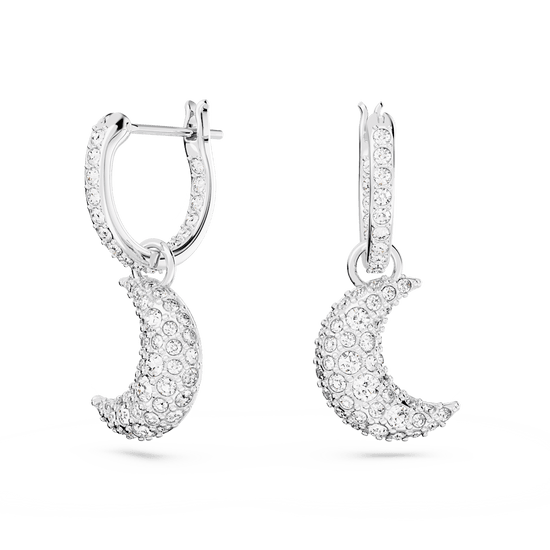 Luna drop earrings, Moon, White, Rhodium plated