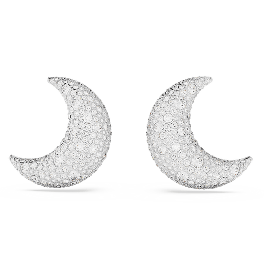 Luna clip earrings, Moon, White, Rhodium plated