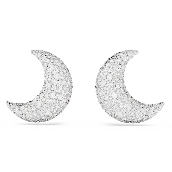 Luna clip earrings, Moon, White, Rhodium plated